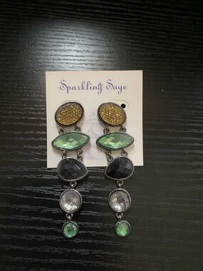 Sparkling Sage Gold, Green & Black Multi-Drop Dangle Earrings